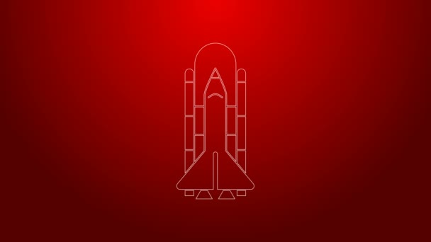 Yeşil çizgi uzay mekiği ve roket ikonu kırmızı arkaplanda izole edildi. 4K Video hareketli grafik canlandırması — Stok video