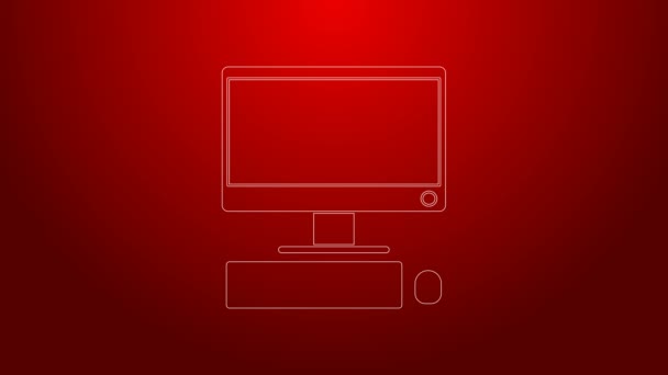 Linha verde Monitor de computador com teclado e ícone do mouse isolado no fundo vermelho. Assinatura do componente do PC. Animação gráfica em movimento de vídeo 4K — Vídeo de Stock