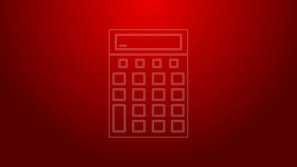 Ikona kalkulačky zelené čáry izolovaná na červeném pozadí. Účetní symbol. Obchodní výpočty matematiky vzdělávání a financí. Grafická animace pohybu videa 4K — Stock video