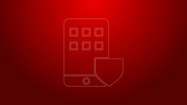 Línea verde Teléfono móvil con icono de escudo aislado sobre fondo rojo. Seguro de Smartphone. Seguridad, seguridad, protección, concepto de protección. Animación gráfica de vídeo 4K — Vídeo de stock