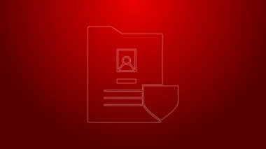 Kırmızı zemin üzerinde kalkan simgesi olan yeşil çizgi belgesi. Sigorta konsepti. Güvenlik, güvenlik, koruma, konsept koruma. 4K Video hareketli grafik canlandırması