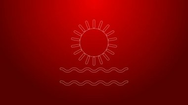 Yeşil çizgi güneşi ve dalga simgesi kırmızı arkaplanda izole edildi. 4K Video hareketli grafik canlandırması