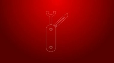 Kırmızı arka planda yeşil çizgili İsviçre çakısı ikonu var. Çoklu alet, çok amaçlı çakı. Çok fonksiyonlu bir alet. 4K Video hareketli grafik canlandırması
