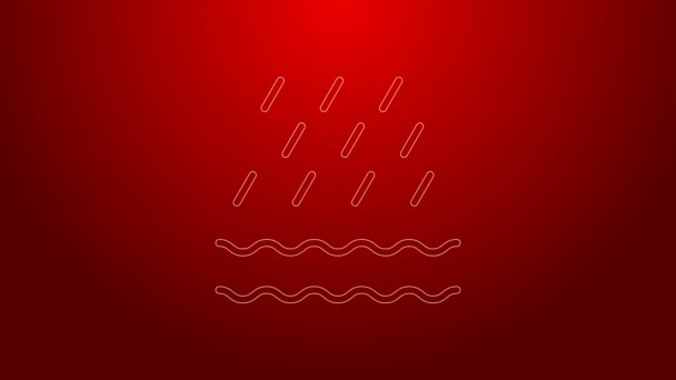 Línea verde Icono de lluvia y olas aislado sobre fondo rojo. precipitación de nubes de lluvia con gotas de lluvia. Animación gráfica de vídeo 4K — Vídeo de stock