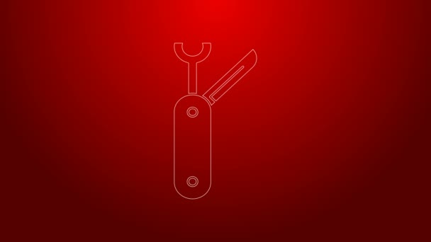 Zielona linia Szwajcarska ikona noża odizolowana na czerwonym tle. Wielofunkcyjny scyzoryk. Wielofunkcyjne narzędzie. 4K Animacja graficzna ruchu wideo — Wideo stockowe