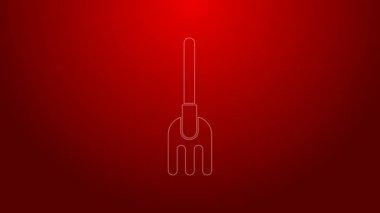 Yeşil çizgi bahçe tırmık simgesi kırmızı arkaplanda izole edildi. Bahçecilik, tarım, çiftçilik aleti. Toprak işçisi. Temizlik ekipmanları. 4K Video hareketli grafik canlandırması