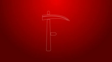 Yeşil çizgi Scythe simgesi kırmızı arkaplanda izole edildi. Mutlu Cadılar Bayramı Partisi. 4K Video hareketli grafik canlandırması