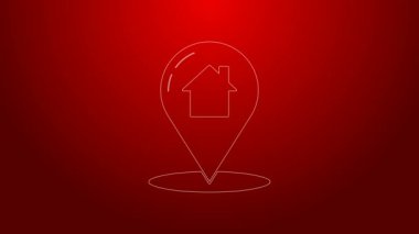 Kırmızı arkaplanda ev simgesi olan yeşil çizgi haritası işaretçisi. Ev konumu belirleyici sembol. 4K Video hareketli grafik canlandırması