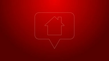 Kırmızı arkaplanda ev simgesi olan yeşil çizgi haritası işaretçisi. Ev konumu belirleyici sembol. 4K Video hareketli grafik canlandırması