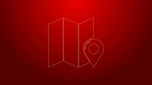 Green line Folded map with location marker icon isolated on red background. 4K Video motion graphic animation — Stock Video