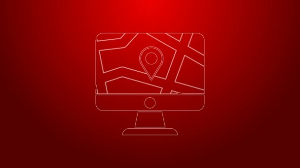 Green line Computer monitor and folded map with location marker icon isolated on red background. 4K Video motion graphic animation — Stock Video