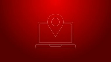 Kırmızı arkaplanda konum belirleyici simgesi olan yeşil çizgi dizüstü bilgisayarı. 4K Video hareketli grafik canlandırması