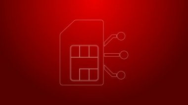 Kırmızı arkaplanda yeşil çizgi Sim kartı simgesi izole edildi. Cep telefonu sim kart çipi. Mobil telekomünikasyon teknolojisi sembolü. 4K Video hareketli grafik canlandırması