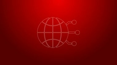 Yeşil çizgi Global teknolojisi veya sosyal ağ simgesi kırmızı arkaplanda izole edildi. 4K Video hareketli grafik canlandırması