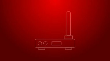 Yeşil hat Router ve kablosuz bağlantı sembolü simgesi kırmızı arkaplanda izole edildi. Kablosuz ethernet modem yönlendirici. Bilgisayar teknolojisi interneti. 4K Video hareketli grafik canlandırması
