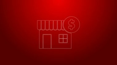 Kırmızı arka planda dolar sembolü olan yeşil çizgi evi. Ev ve para. Emlak konsepti. 4K Video hareketli grafik canlandırması