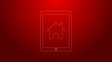 Yeşil çizgi tableti ve akıllı ev simgesi kırmızı arkaplanda izole edildi. Uzaktan kumanda. 4K Video hareketli grafik canlandırması