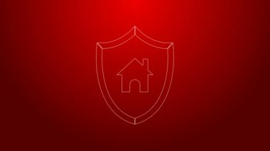 Kırmızı arka planda izole edilmiş kalkan simgesi olan yeşil çizgi evi. Sigorta konsepti. Güvenlik, güvenlik, koruma, konsept koruma. 4K Video hareketli grafik canlandırması