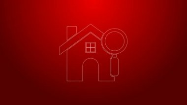 Kırmızı arkaplanda yeşil çizgi arama evi simgesi izole edildi. Büyüteç altındaki bir evin emlak sembolü. 4K Video hareketli grafik canlandırması