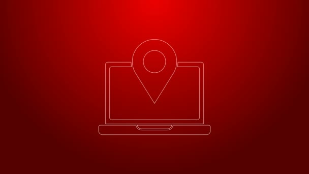 Green line Laptop with location marker icon isolated on red background. 4K Video motion graphic animation — Stock Video