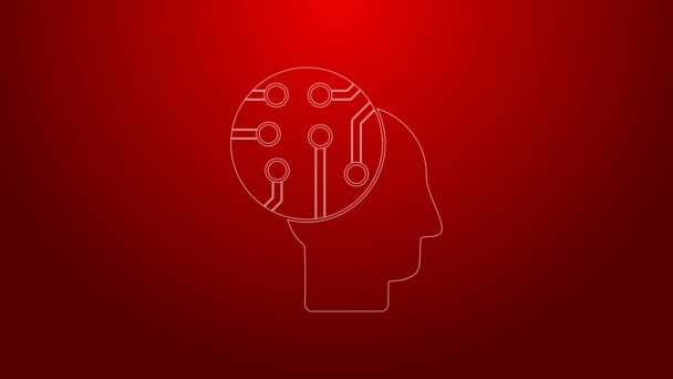 Zielona linia Ludzki mózg jako ikona obwodu cyfrowego izolowana na czerwonym tle. Zarys ludzkiej głowy z przewodami w środku. 4K Animacja graficzna ruchu wideo — Wideo stockowe