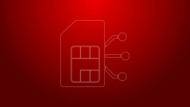 Icono de tarjeta Sim línea verde aislado sobre fondo rojo. Móvil chip de tarjeta SIM de teléfono celular. Símbolo de tecnología de telecomunicaciones móviles. Animación gráfica de vídeo 4K — Vídeo de stock