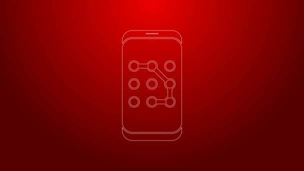 Zöld vonal Mobiltelefon és grafikus jelszóvédelem ikon elszigetelt piros háttér. Biztonság, biztonság, személyes hozzáférés, felhasználói engedély. 4K Videó mozgás grafikus animáció — Stock videók