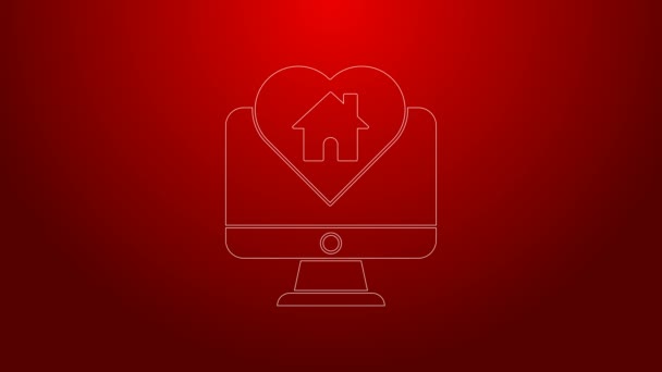 Groene lijn Computer monitor met huis in hart vorm pictogram geïsoleerd op rode achtergrond. Liefde huissymbool. Familie, onroerend goed en onroerend goed. 4K Video motion grafische animatie — Stockvideo