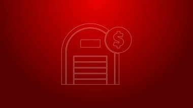 Kırmızı arka planda dolar sembolü olan yeşil çizgi deposu. Emlak konsepti. 4K Video hareketli grafik canlandırması
