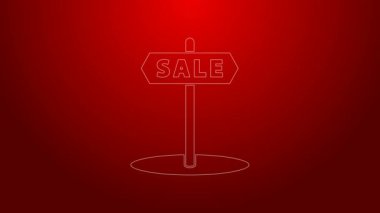 Kırmızı arkaplanda izole edilmiş metin satışı simgesi olan yeşil çizgi asma işareti. Mesaj indirimli tabela. 4K Video hareketli grafik canlandırması