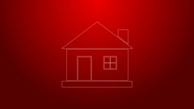 Yeşil çizgi ev simgesi kırmızı arkaplanda izole edildi. Ev sembolü. 4K Video hareketli grafik canlandırması