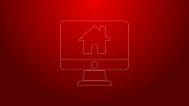 Kırmızı arkaplanda akıllı ev simgesine sahip yeşil çizgi bilgisayar monitörü. Uzaktan kumanda. 4K Video hareketli grafik canlandırması
