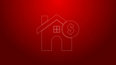 Kırmızı arka planda dolar sembolü olan yeşil çizgi evi. Ev ve para. Emlak konsepti. 4K Video hareketli grafik canlandırması