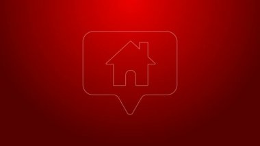 Kırmızı arkaplanda ev simgesi olan yeşil çizgi haritası işaretçisi. Ev konumu belirleyici sembol. 4K Video hareketli grafik canlandırması