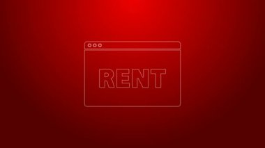 Çevrimiçi kira simgesinin kırmızı arkaplanda izole edildiği yeşil çizgi asılı işareti. Metin Rent 'li pano. 4K Video hareketli grafik canlandırması