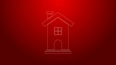 Yeşil çizgi ev simgesi kırmızı arkaplanda izole edildi. Ev sembolü. 4K Video hareketli grafik canlandırması