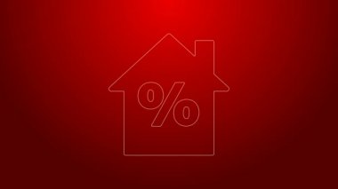 Kırmızı arka planda uygun indirimli etiket simgesine sahip yeşil çizgi evi. Evin yüzdesi tabela fiyatı. Emlak evi. 4K Video hareketli grafik canlandırması