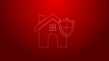 Kırmızı arka planda izole edilmiş kalkan simgesi olan yeşil çizgi evi. Sigorta konsepti. Güvenlik, güvenlik, koruma, konsept koruma. 4K Video hareketli grafik canlandırması