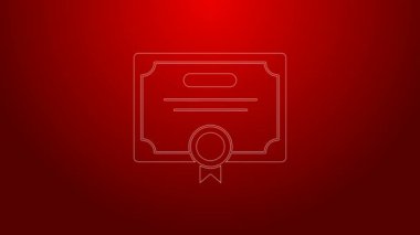 Yeşil çizgi sertifika şablon simgesi kırmızı arkaplanda izole edildi. Başarı, ödül, diploma, burs, diploma. İş başarısı sertifikası 4K Video hareketli grafik canlandırması