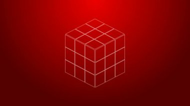 Kırmızı arkaplanda yeşil çizgi rubik küp simgesi izole edildi. Mekanik yapboz oyuncağı. Rubiks küp 3D kombinasyon bulmacası. 4K Video hareketli grafik canlandırması