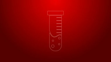 Kırmızı arkaplanda yeşil çizgi test tüpü ve kimyasal test ikonu izole edildi. Laboratuvar cam levhası. 4K Video hareketli grafik canlandırması