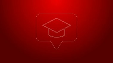 Konuşma baloncuğu simgesinde yeşil çizgi mezuniyet başlığı kırmızı arkaplanda izole edildi. Tassel ikonlu mezuniyet şapkası. 4K Video hareketli grafik canlandırması