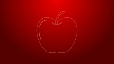 Yeşil çizgi Apple simgesi kırmızı arkaplanda izole edildi. Yaprak sembollü meyve. 4K Video hareketli grafik canlandırması