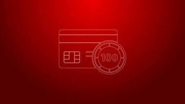 Yeşil çizgi kredi kartı simgesi kırmızı arkaplanda izole edildi. Çevrimiçi ödeme. Nakit çekilmesi. Finansal operasyonlar. Alışveriş tabelası. 4K Video hareketli grafik canlandırması