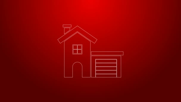 Zöld vonal Ház ikon elszigetelt piros háttérrel. Otthon szimbólum. 4K Videó mozgás grafikus animáció — Stock videók