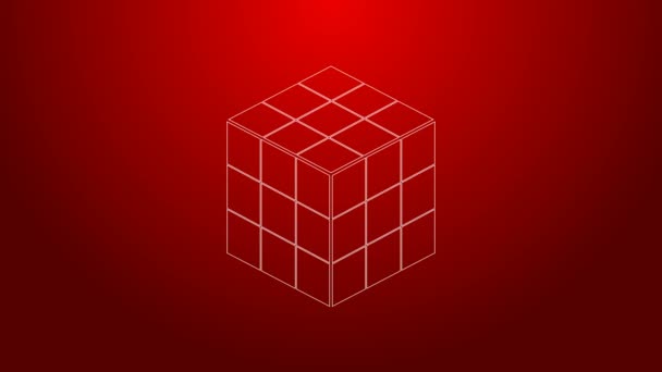 Linha verde Rubik cubo ícone isolado no fundo vermelho. Brinquedo mecânico. Rubiks cubo 3d combinação quebra-cabeça. Animação gráfica em movimento de vídeo 4K — Vídeo de Stock