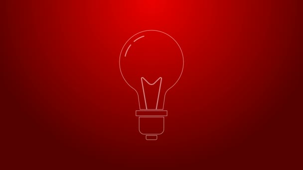 Línea verde Bombilla con concepto de icono de idea aislado sobre fondo rojo. Símbolo de energía e idea. Concepto de inspiración. Animación gráfica de vídeo 4K — Vídeo de stock