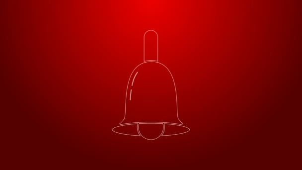 Linea verde Icona campana suonante isolata su sfondo rosso. Simbolo di allarme, campanello di servizio, segnale di campanello, simbolo di notifica. Animazione grafica 4K Video motion — Video Stock