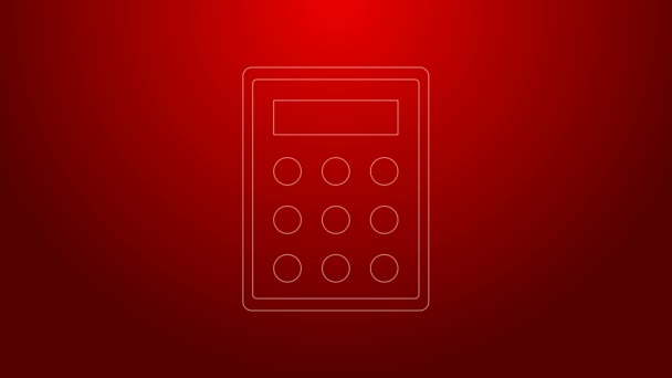 Groene lijn Calculator pictogram geïsoleerd op rode achtergrond. Boekhoudkundig symbool. Bedrijfsberekeningen wiskunde onderwijs en financiën. 4K Video motion grafische animatie — Stockvideo