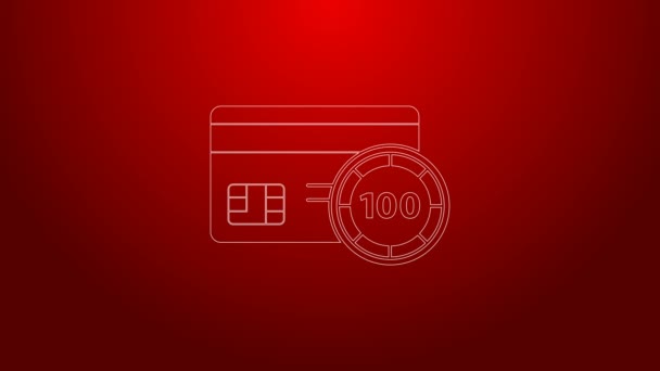 Linea verde Icona della carta di credito isolata su sfondo rosso. Pagamento online. Ritiro contanti. Operazioni finanziarie. Segno della spesa. Animazione grafica 4K Video motion — Video Stock